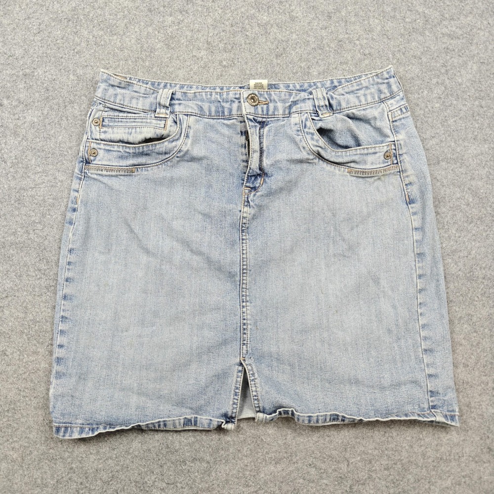 Vintage Stamp 10 Skirt Womens 10 Blue Denim Mini Raw Hem Front Slit Stretch